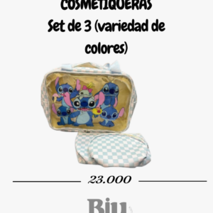 set de 3 cosmetiqueras stitch disney – organizador de maquillaje térmico e impermeable